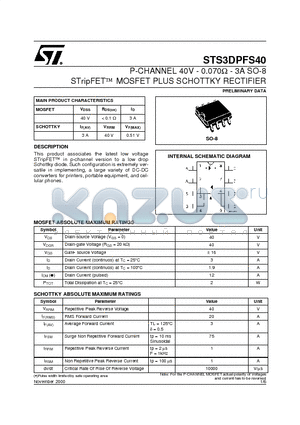 STS3DPFS40 datasheet - P-CHANNEL 40V - 0.070ohm - 3A SO-8 STripFET MOSFET PLUS SCHOTTKY RECTIFIER