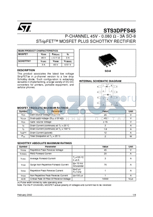 STS3DPFS45 datasheet - P-CHANNEL 45V - 0.080 ohm - 3A SO-8 STripFET MOSFET PLUS SCHOTTKY RECTIFIER
