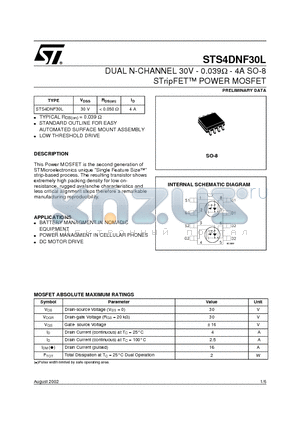 STS4DNF30L datasheet - DUAL N-CHANNEL 30V - 0.039ohm - 4A SO-8 STripFET POWER MOSFET