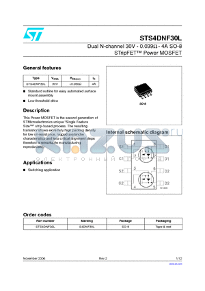 STS4DNF30L datasheet - Dual N-channel 30V - 0.039ohm - 4A SO-8  STripFET TM Power MOSFET