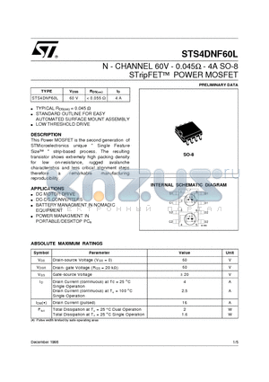 STS4DNF60 datasheet - N - CHANNEL 60V - 0.045ohm - 4A SO-8 STripFET  POWER MOSFET