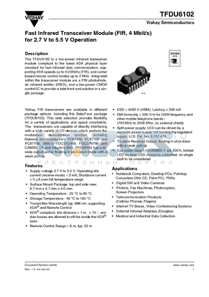 TFDU6102 datasheet - Fast Infrared Transceiver Module (FIR, 4 Mbit/s) for 2.7 V to 5.5 V Operation