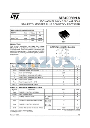 STS4DPFS2LS datasheet - P-CHANNEL 20V - 0.06ohm - 4A SO-8 STripFET MOSFET PLUS SCHOTTKY RECTIFIER