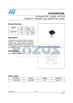 STS4DNFS30L datasheet - N-channel 30V - 0.044ohm - 4A SO-8 STripFET TM MOSFET plus SCHOTTKY rectifier