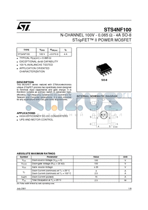 STS4NF100 datasheet - N-CHANNEL 100V - 0.065 ohm - 4A SO-8 STripFET II POWER MOSFET