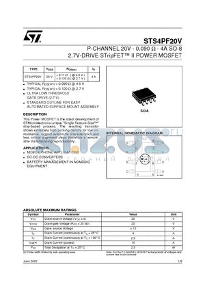 STS4PF20V datasheet - P-CHANNEL 20V - 0.090 ohm - 4A SO- 2.7V-DRIVE STripFET II POWER MOSFET
