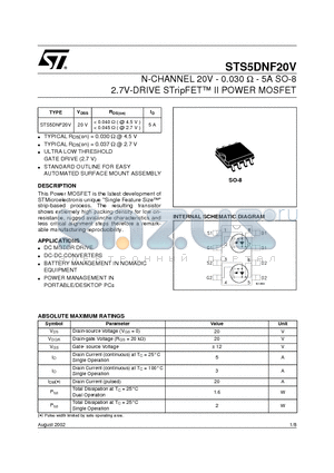 STS5DNF20V datasheet - N-CHANNEL 20V - 0.030 ohm - 5A SO-8 2.7V-DRIVE STripFET II POWER MOSFET