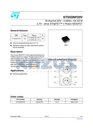 STS5DNF20V datasheet - N-channel 20V - 0.030 ohm- 5A SO-8 2.7V - drive STripFET TM II Power MOSFET