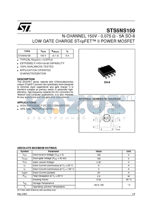 STS5NS150 datasheet - N-CHANNEL 150V - 0.075 ohm - 5A SO-8 LOW GATE CHARGE STripFET II POWER MOSFET