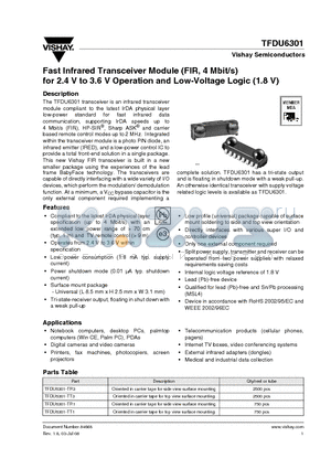 TFDU6301-TT1 datasheet - Fast Infrared Transceiver Module (FIR, 4 Mbit/s) for 2.4 V to 3.6 V Operation and Low-Voltage Logic (1.8 V)