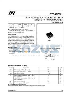 STS5PF30L datasheet - P - CHANNEL 30V - 0.053ohm - 5A SO-8 STripFET  POWER MOSFET