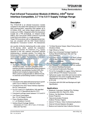 TFDU6108-TR3 datasheet - Fast Infrared Transceiver Module (4 Mbit/s), IrDA Serial Interface Compatible, 2.7 V to 5.5 V Supply Voltage Range