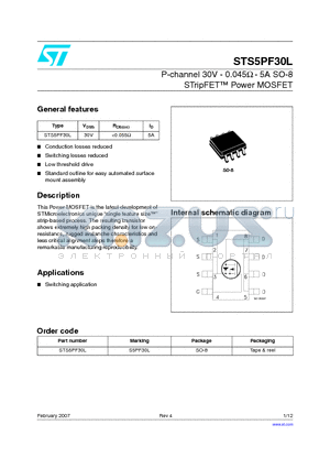 STS5PF30L_07 datasheet - P-channel 30V - 0.045OHM - 5A SO-8 STripFET TM Power MOSFET