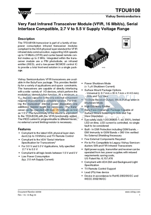 TFDU8108 datasheet - Very Fast Infrared Transceiver Module (VFIR, 16 Mbit/s), Serial Interface Compatible, 2.7 V to 5.5 V Supply Voltage Range