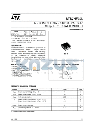 STS7NF30L datasheet - N - CHANNEL 30V - 0.021ohm - 7A SO-8 STripFET  POWER MOSFET