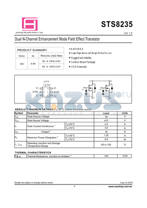STS8235 datasheet - Dual N-Channel Enhancement Mode Field Effect Transistor