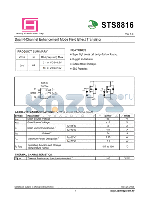 STS8816 datasheet - Dual N-Channel Enhancement Mode Field Effect Transistor