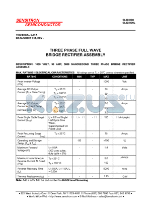 SL303100L datasheet - THREE PHASE FULL WAVE BRIDGE RECTIFIER ASSEMBLY