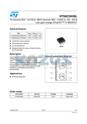 STS8C5H30L_07 datasheet - N-channel 30V - 0.018 ohm - 8A/P-channel 30V - 0.045 ohm - 5A - SO-8 Low gate charge STripFET III MOSFET