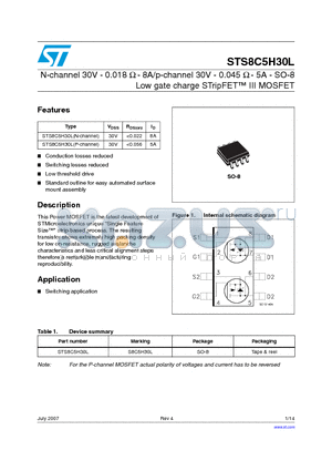 STS8C5H30L_0707 datasheet - N-channel 30V - 0.018 Y - 8A/p-channel 30V - 0.045 Y - 5A - SO-8 Low gate charge STripFET III MOSFET