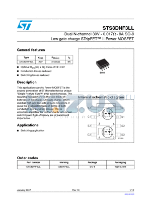 STS8DNF3LL datasheet - Dual N-channel 30V - 0.017OHM - 8A SO-8 Low gate charge STripFET TM II Power MOSFET
