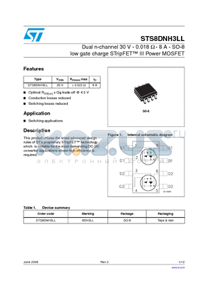 STS8DNH3LL datasheet - Dual n-channel 30 V - 0.018 Y - 8 A - SO-8 low gate charge STripFET III Power MOSFET