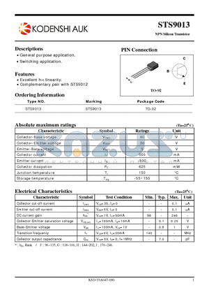 STS9013 datasheet - NPN Silicon Transistor