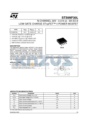 STS9NF30L_02 datasheet - N-CHANNEL 30V - 0.015 W - 9A SO-8 LOW GATE CHARGE STripFET II POWER MOSFET