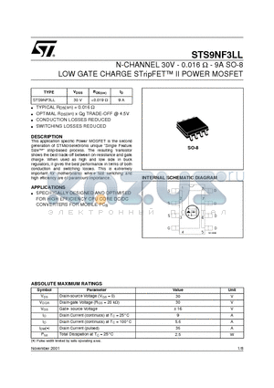 STS9NF3LL datasheet - N-CHANNEL 30V - 0.016 ohm - 9A SO-8 LOW GATE CHARGE STripFET II POWER MOSFET