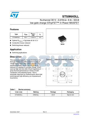 STS9NH3LL datasheet - N-channel 30 V - 0.018 Y - 9 A - SO-8 low gate charge STripFET III Power MOSFET