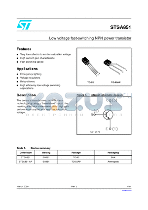 STSA851 datasheet - Low voltage fast-switching NPN power transistor