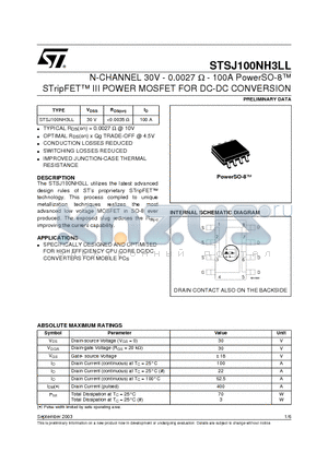 STSJ100NH3LL datasheet - N-CHANNEL 30V - 0.0027 ohm - 100A PowerSO-8 STripFET III POWER MOSFET FOR DC-DC CONVERSION