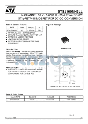 STSJ100NH3LL_05 datasheet - N-CHANNEL 30 V - 0.0032 ohm - 25 A PowerSO-8 STripFET III MOSFET FOR DC-DC CONVERSION