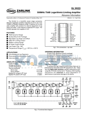 SL3522 datasheet - 500MHz 75dB Logarithmic/Limiting Amplifier