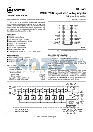 SL3522NA1C datasheet - 500MHz 75dB Logarithmic/Limiting Amplifier