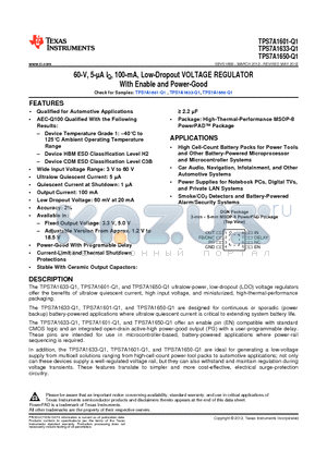 TPS7A1633QDGNRQ1 datasheet - 60-V, 5-lA IQ, 100-mA, Low-Dropout VOLTAGE REGULATOR With Enable and Power-Good