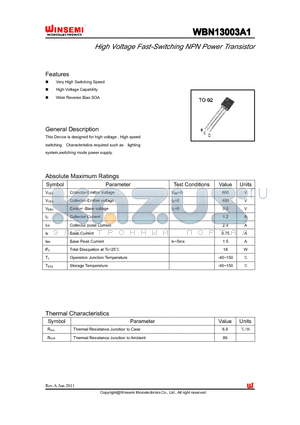WBN13003A1 datasheet - High Voltage Fast-Switching NPN Power Transistor