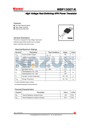 WBP13007-K datasheet - High Voltage Fast-Switching NPN Power Transistor