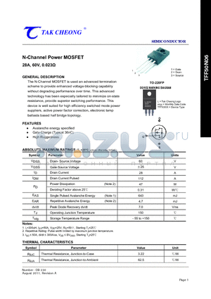TFF50N06 datasheet - N-Channel Power MOSFET 28A, 60V, 0.023Y