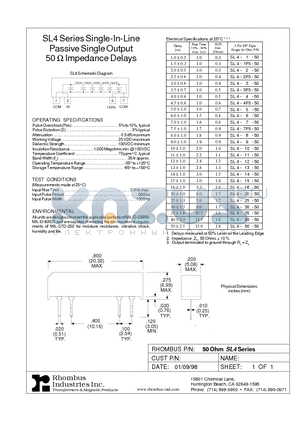 SL4-1-50 datasheet - SL4 Series Single-In-Line Passive Single Output 50 W Impedance Delays