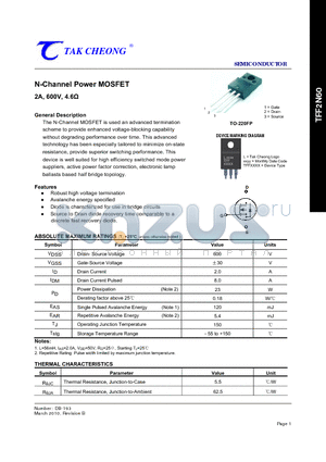 TFF2N60 datasheet - N-Channel Power MOSFET 2A, 600V, 4.6Y