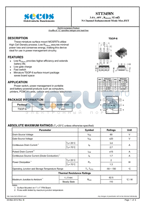 STT3458N datasheet - 3.4A , 60V , RDS(ON) 92 m N-Channel Enhancement Mode Mos.FET