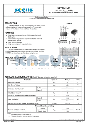 STT3962NE datasheet - 2.3A , 60V , RDS(ON) 0.153 N-Channel Enhancement Mode MOSFET