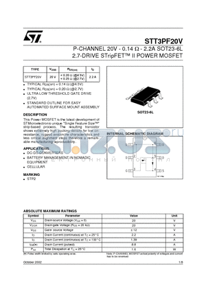STT3PF20V datasheet - P-CHANNEL 20V - 0.14 ohm - 2.2A SOT23-6L 2.7-DRIVE STripFET II POWER MOSFET