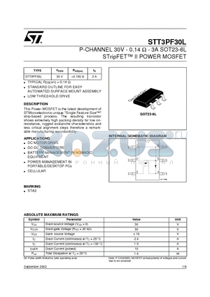STT3PF30L datasheet - P-CHANNEL 30V - 0.14 ohm - 3A SOT23-6L STripFET II POWER MOSFET