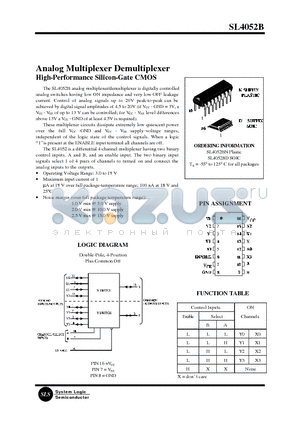 SL4052B datasheet - Analog Multiplexer Demultiplexer High-Performance Silicon-Gate CMOS