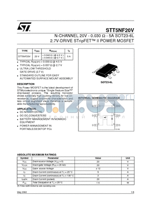 STT5NF20V datasheet - N-CHANNEL 20V - 0.030 ohm - 5A SOT23-6L 2.7V-DRIVE STripFET II POWER MOSFET