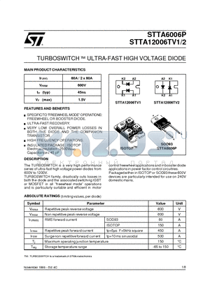 STTA12006TV2 datasheet - TURBOSWITCH  ULTRA-FAST HIGH VOLTAGE DIODE