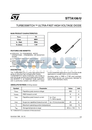 STTA106RL datasheet - TURBOSWITCH a ULTRA-FAST HIGH VOLTAGE DIODE