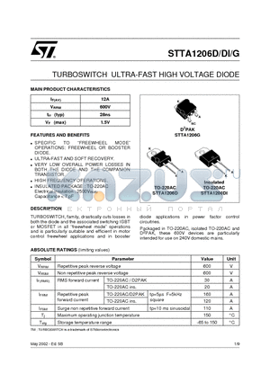 STTA1206D datasheet - TURBOSWITCH  ULTRA-FAST HIGH VOLTAGE DIODE